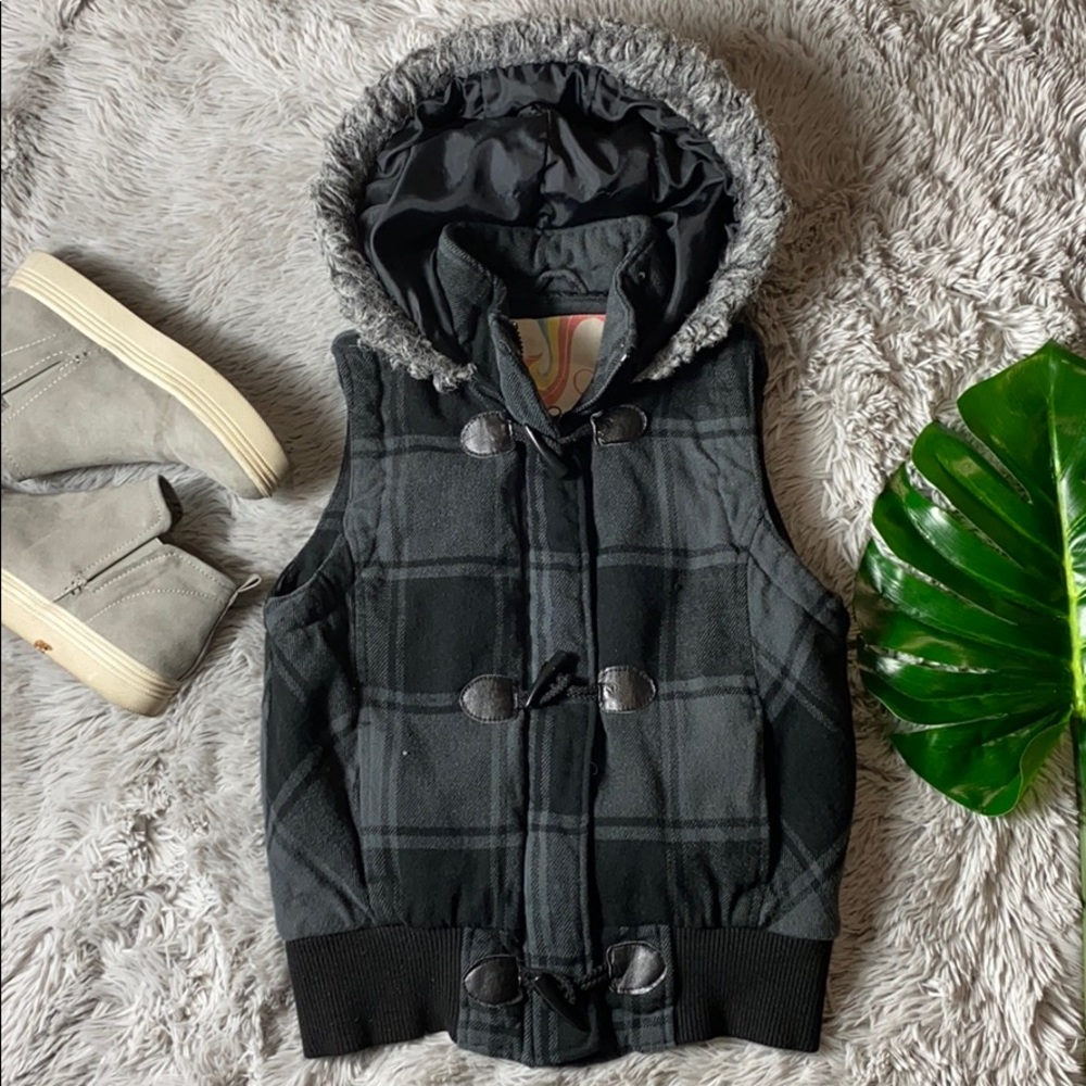 🌺op grey and black plaid hooded vest size L